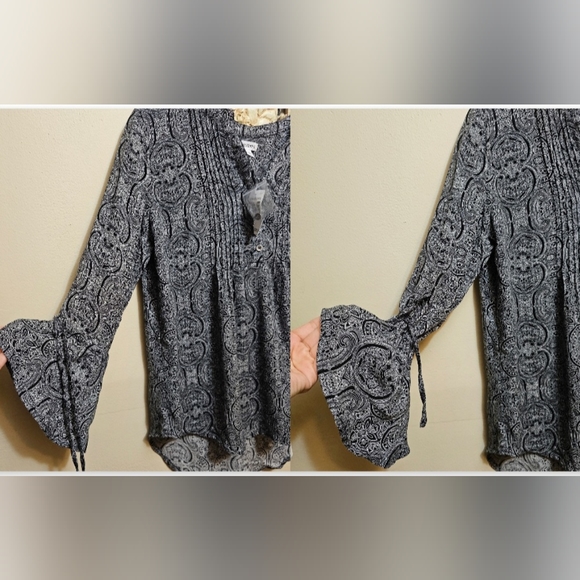 Dress Barn Westport Boho Bell Sleeve Top Tunic Blouse Women's NWT M Black/Cream - Picture 3 of 9